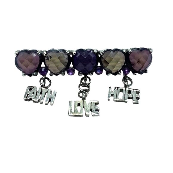 Heart-Shaped Charm Faith Love Hope Brooch Pin Dangling Charms 2" Purple Stones - Picture 1 of 4